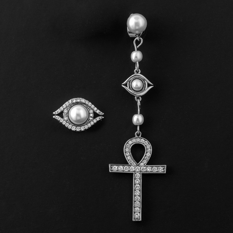 Asymmetric Eye Of Amulet Ankh Pearl Earrings Gold With Street Luxury Shine