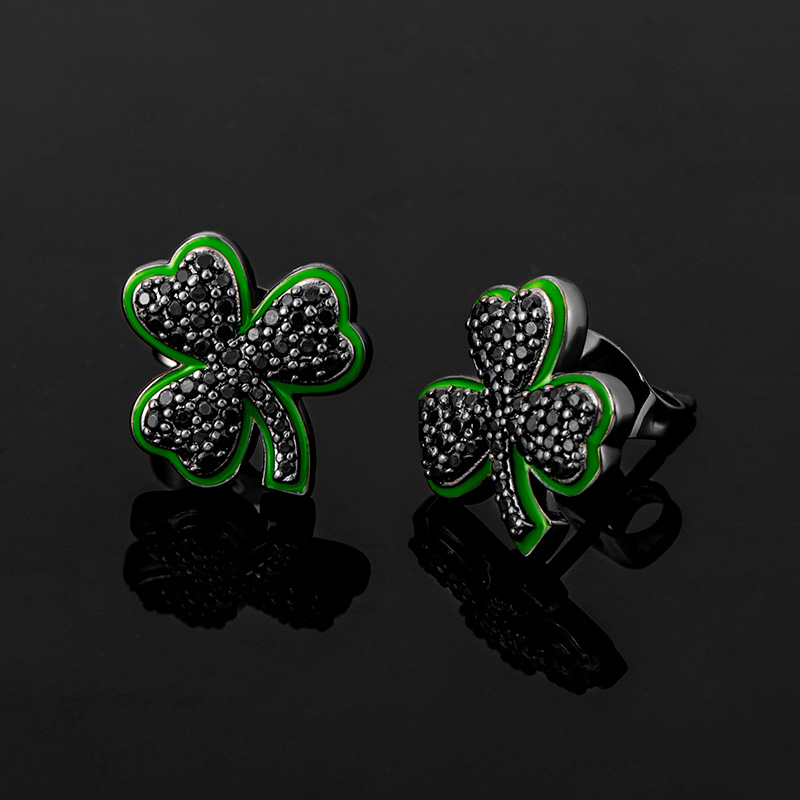 Iced Out Black Stones Enamel Three-leaf Earrings With Street Luxury Shine - Image 4