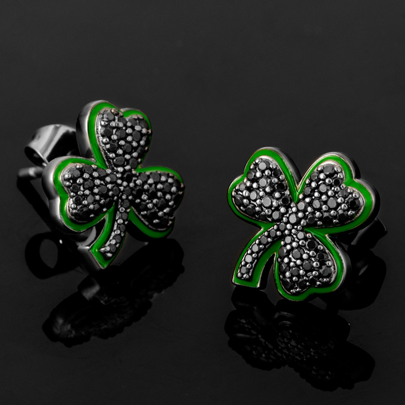 Iced Out Black Stones Enamel Three-leaf Earrings With Street Luxury Shine - Image 5
