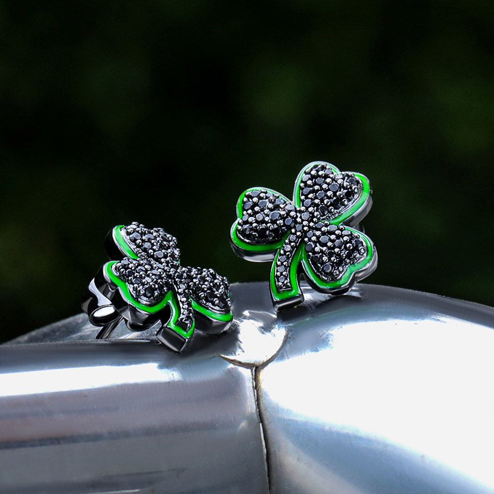 Iced Out Black Stones Enamel Three-leaf Earrings With Street Luxury Shine