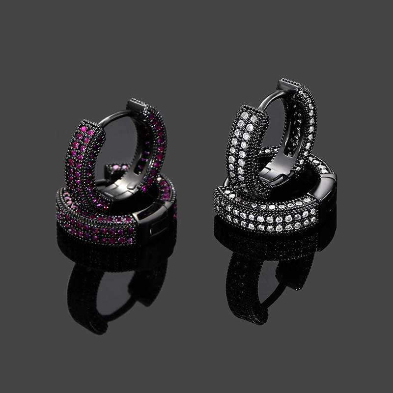 Iced Out Ruby/white Hoop Earrings In Black Gold With Street Luxury Shine