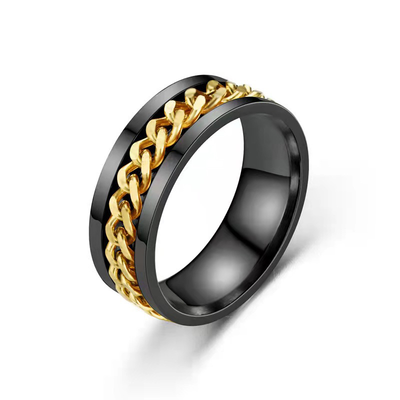 Street Luxury Rotating Titanium Steel Cuban Chain Fidget Ring In Black Gold - Image 3