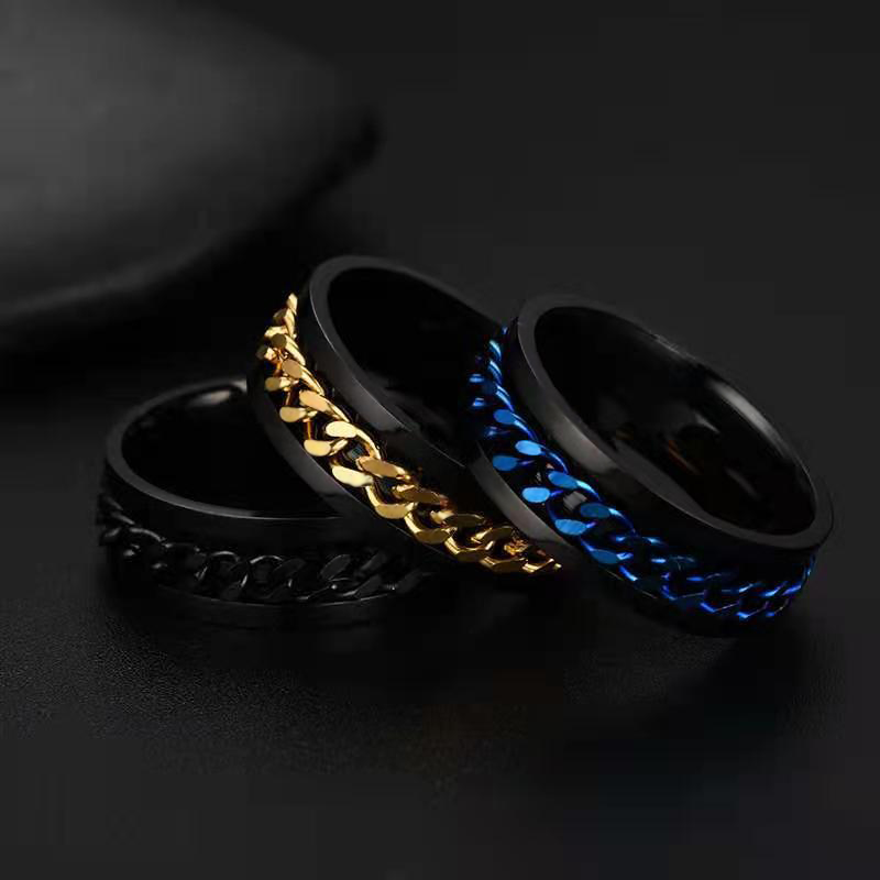 Street Luxury Rotating Titanium Steel Cuban Chain Fidget Ring In Black Gold - Image 4