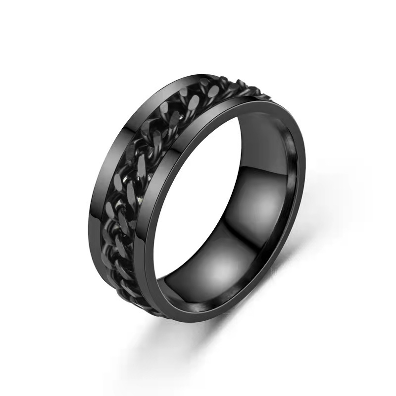 Street Luxury Rotating Titanium Steel Cuban Chain Fidget Ring In Black Gold - Image 5