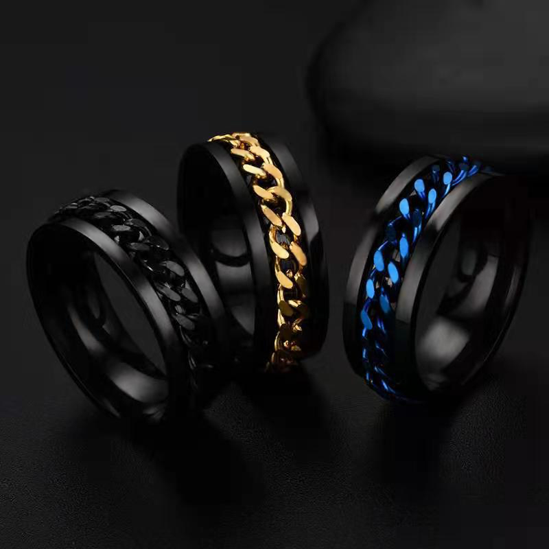 Street Luxury Rotating Titanium Steel Cuban Chain Fidget Ring In Black Gold