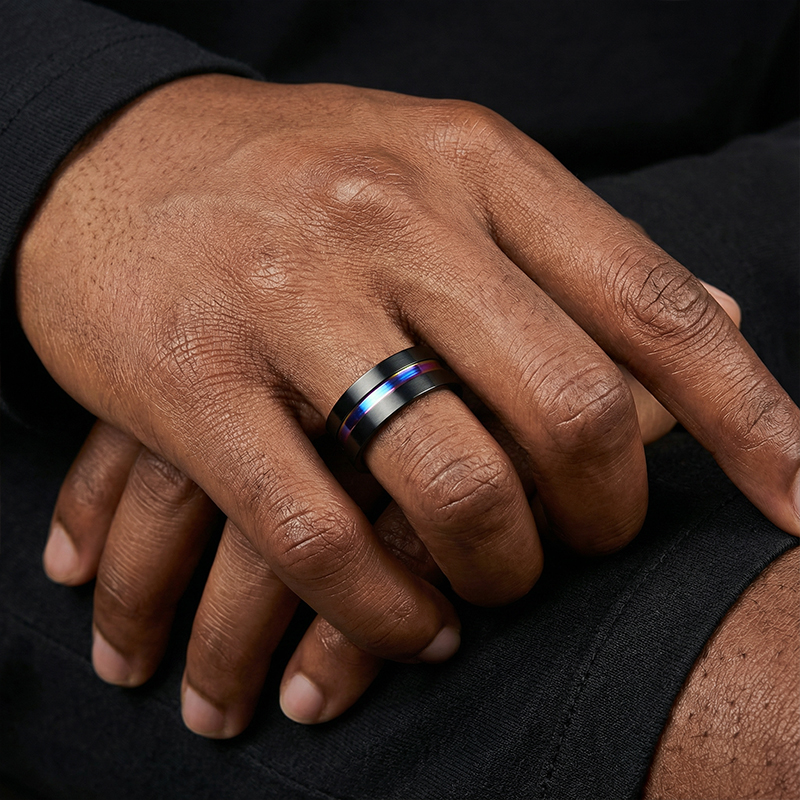 8mm Frosted Black Multicolor Titanium Steel Ring With Street Luxury Shine - Image 3