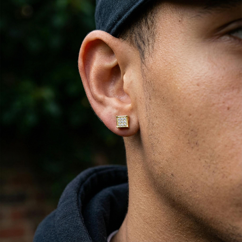 6mm Iced Out Square Shape Magnetic Non-piercing Stud Earrings Gold - Image 4