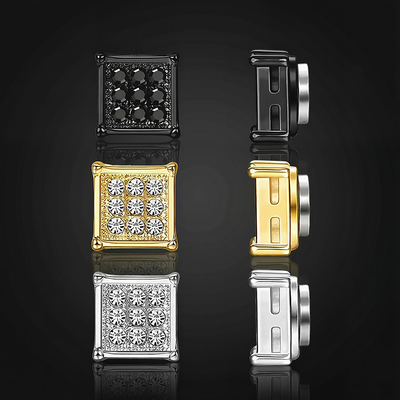 6mm Iced Out Square Shape Magnetic Non-piercing Stud Earrings Gold