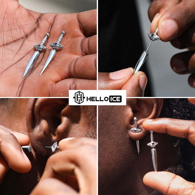 Eye Of Providence Sword Earrings In White Gold With Street Luxury Shine - Image 4