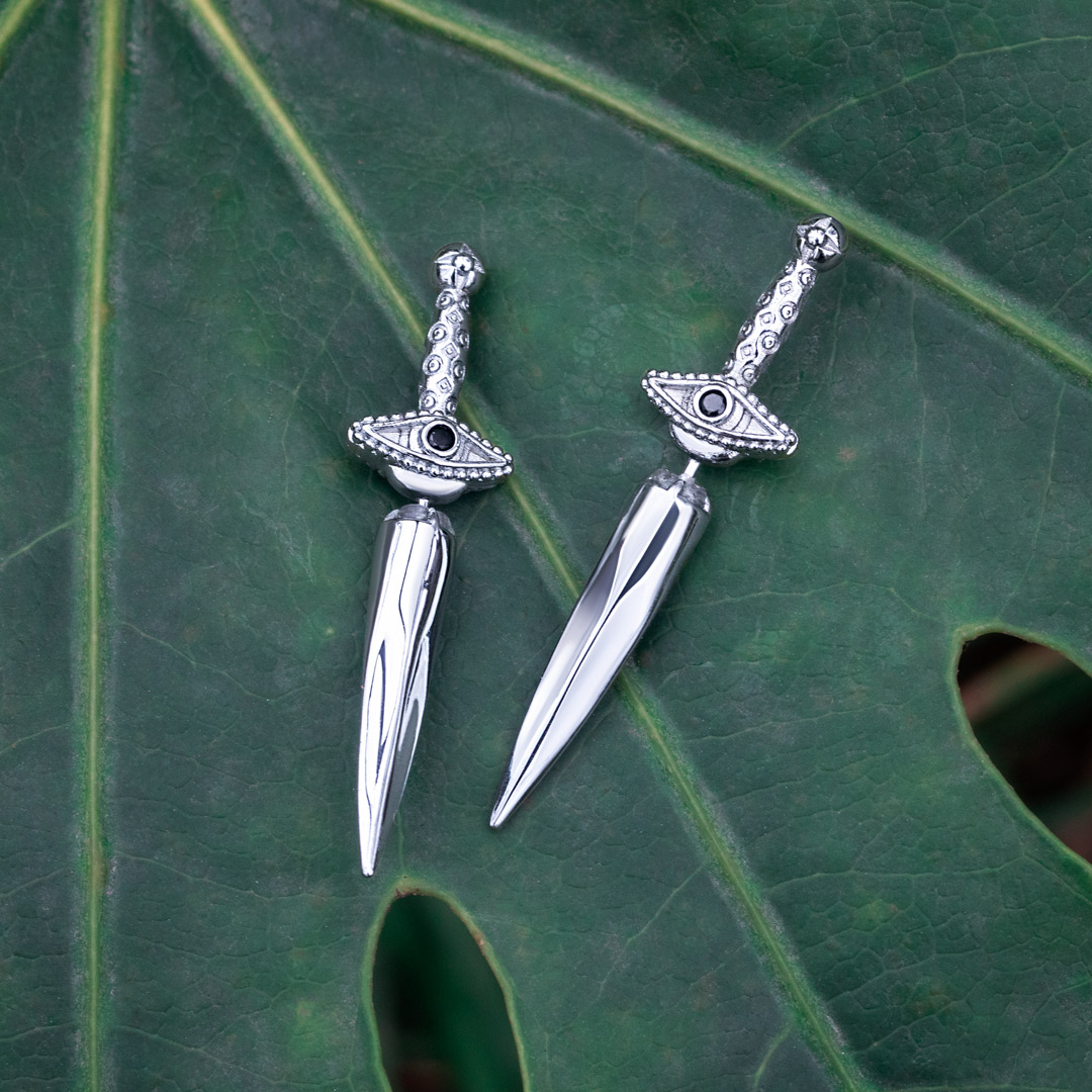 Eye Of Providence Sword Earrings In White Gold With Street Luxury Shine - Image 6