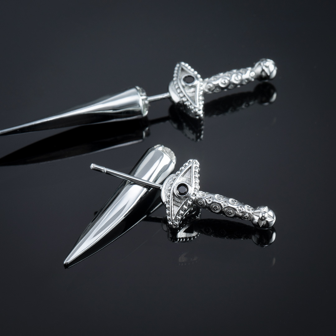 Eye Of Providence Sword Earrings In White Gold With Street Luxury Shine
