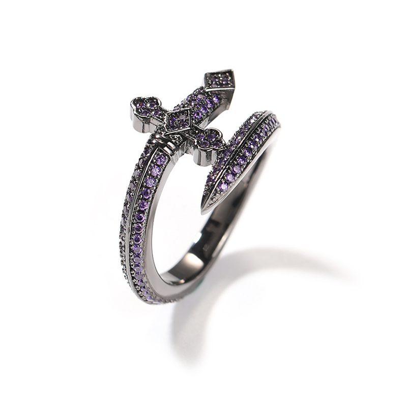 Iced Out Purple Sword Ring In Black Gold With Street Luxury Shine