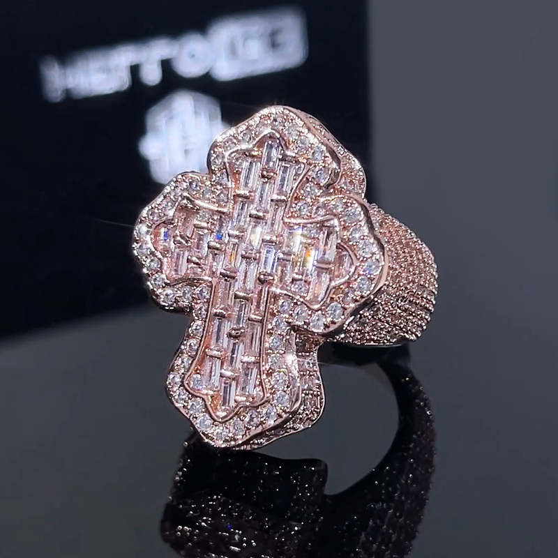 Iced Out Cross-shaped Baguette Ring Gold With Street Luxury Shine - Image 6