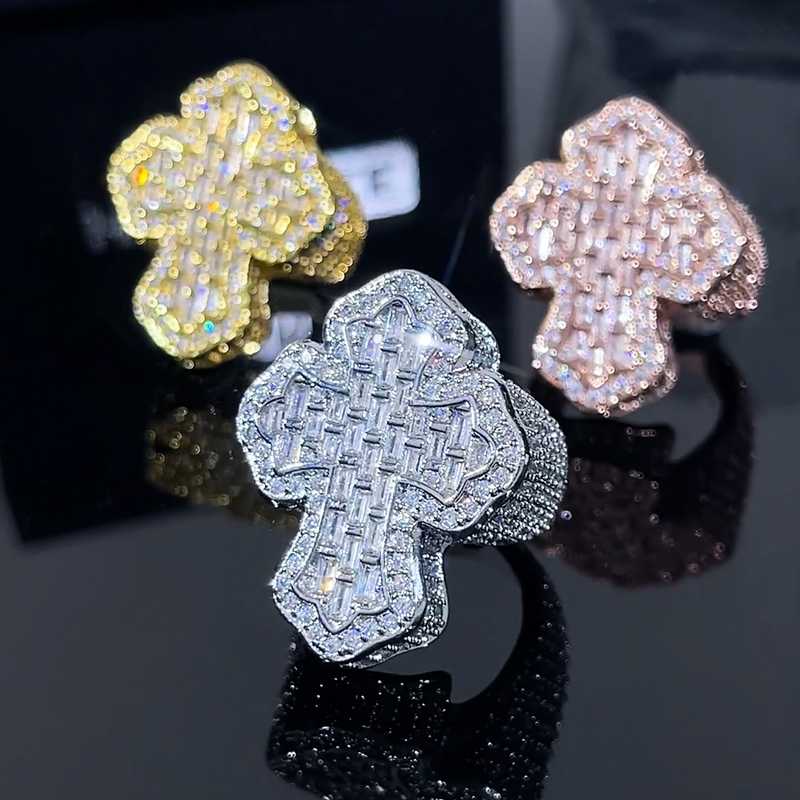 Iced Out Cross-shaped Baguette Ring Gold With Street Luxury Shine