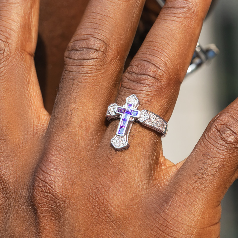 Iced Out Purple/white Baguette Cut Cross Ring Gold With Street Luxury Shine - Image 4