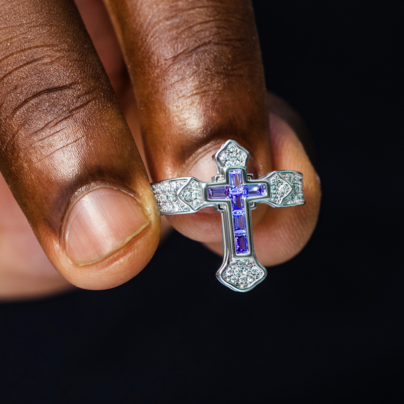 Iced Out Purple/white Baguette Cut Cross Ring Gold With Street Luxury Shine - Image 5