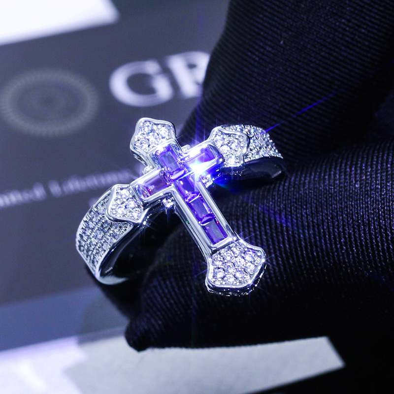 Iced Out Purple/white Baguette Cut Cross Ring Gold With Street Luxury Shine - Image 6