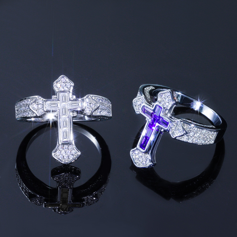 Iced Out Purple/white Baguette Cut Cross Ring Gold With Street Luxury Shine