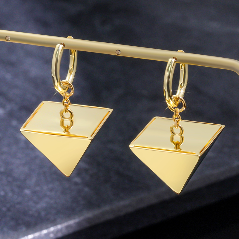 Egyptian Pyramid Dangle Earrings In 18k Gold With Street Luxury Shine - Image 3