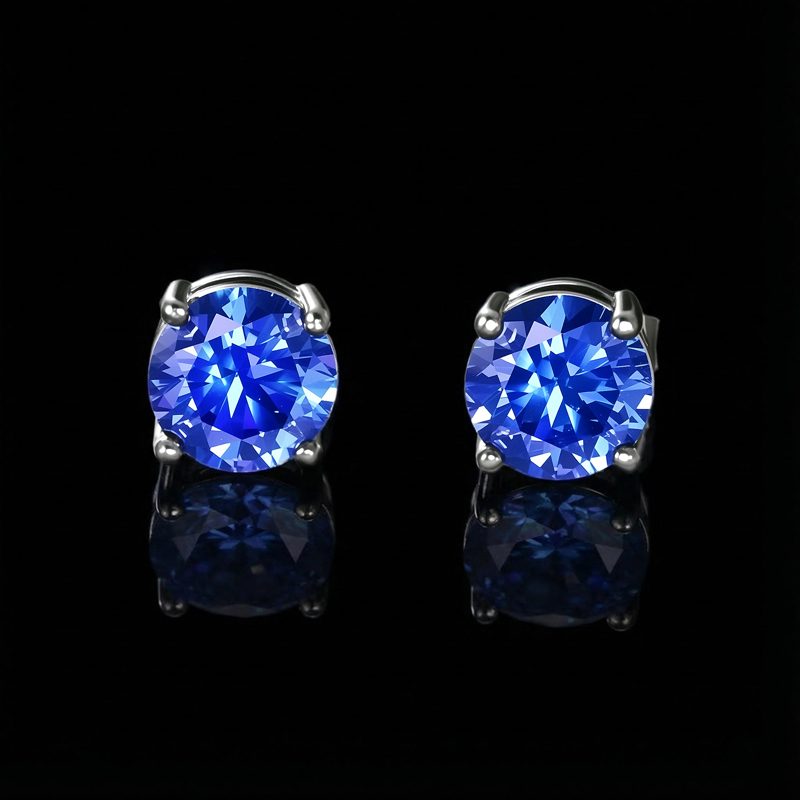 Sapphire Blue Round Cut Stud Earrings Gold With Street Luxury Shine