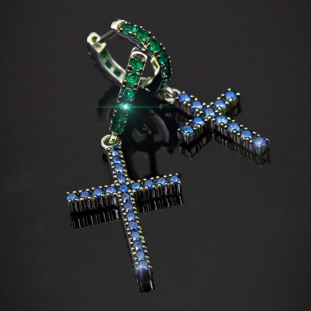 Emerald Huggie & Blue Sapphire Cross Asymmetrical Earrings Gold - Image 3