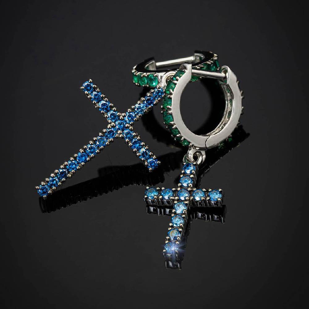 Emerald Huggie & Blue Sapphire Cross Asymmetrical Earrings Gold