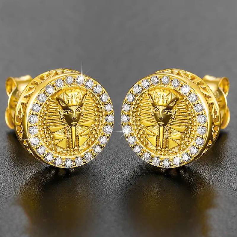 Iced Out Round Pharaoh Halo Stud Earrings Gold With Street Luxury Shine - Image 3