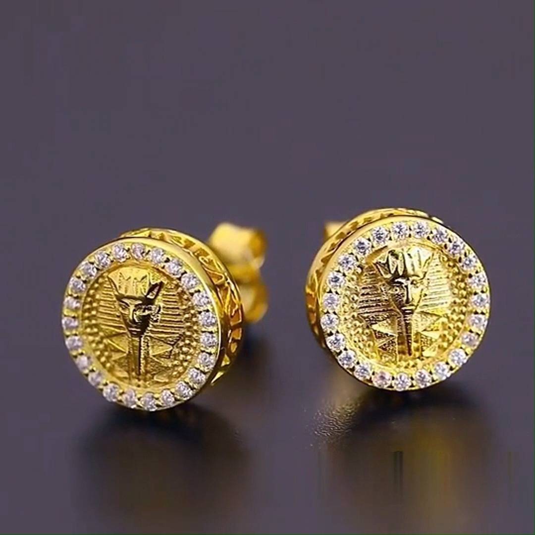 Iced Out Round Pharaoh Halo Stud Earrings Gold With Street Luxury Shine - Image 4