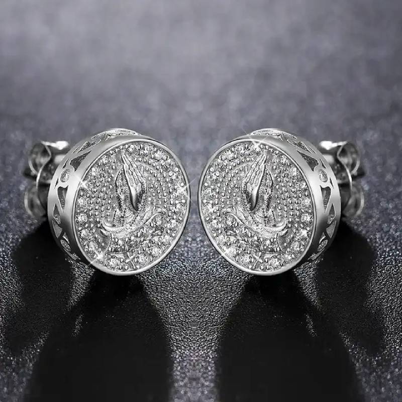 Iced Out Round Praying Hand Halo Stud Earrings With Street Luxury Shine - Image 3
