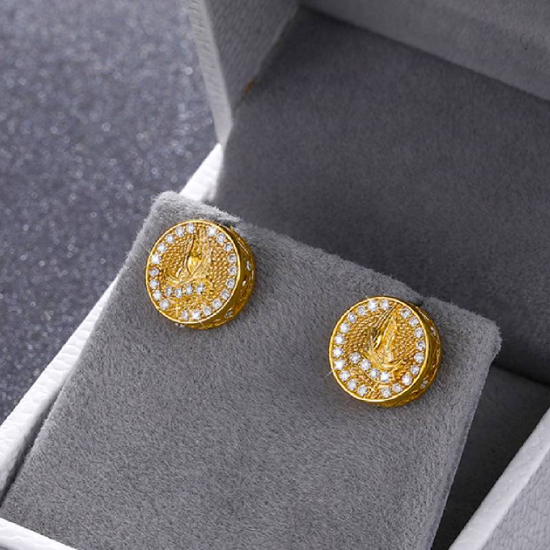 Iced Out Round Praying Hand Halo Stud Earrings With Street Luxury Shine - Image 4