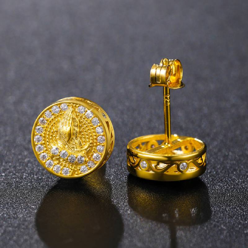 Iced Out Round Praying Hand Halo Stud Earrings With Street Luxury Shine
