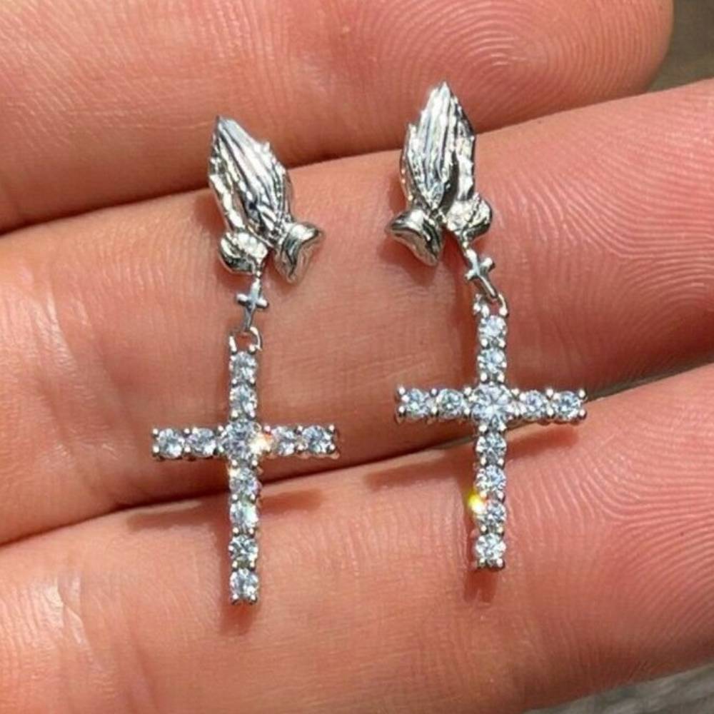 Praying Hand With Diamond Cross Drop Earrings With Iced Out Shine - Image 3