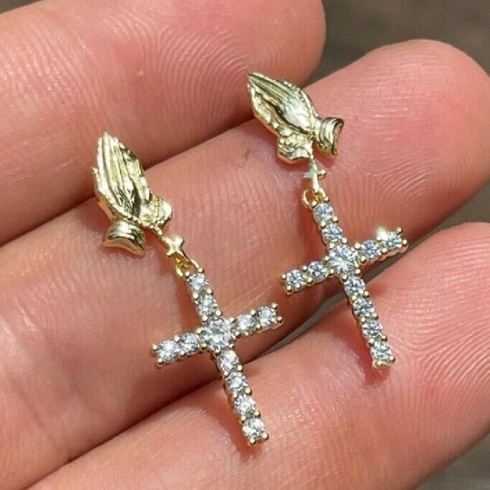 Praying Hand With Diamond Cross Drop Earrings With Iced Out Shine - Image 4