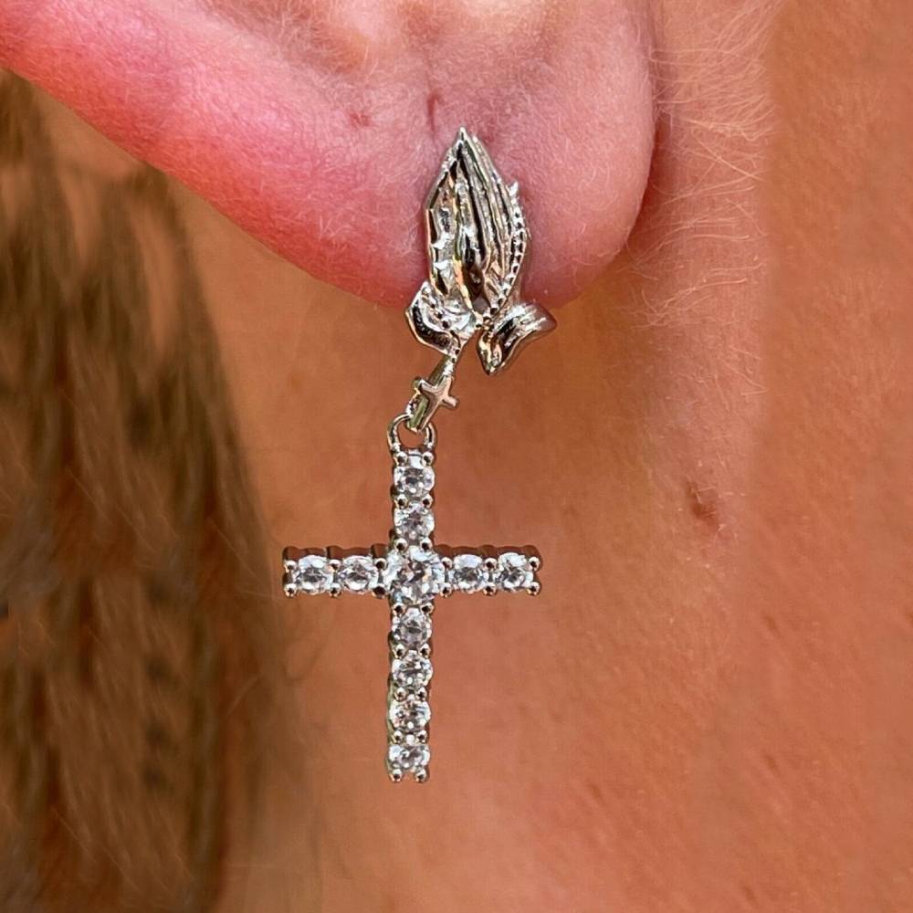 Praying Hand With Diamond Cross Drop Earrings With Iced Out Shine - Image 5
