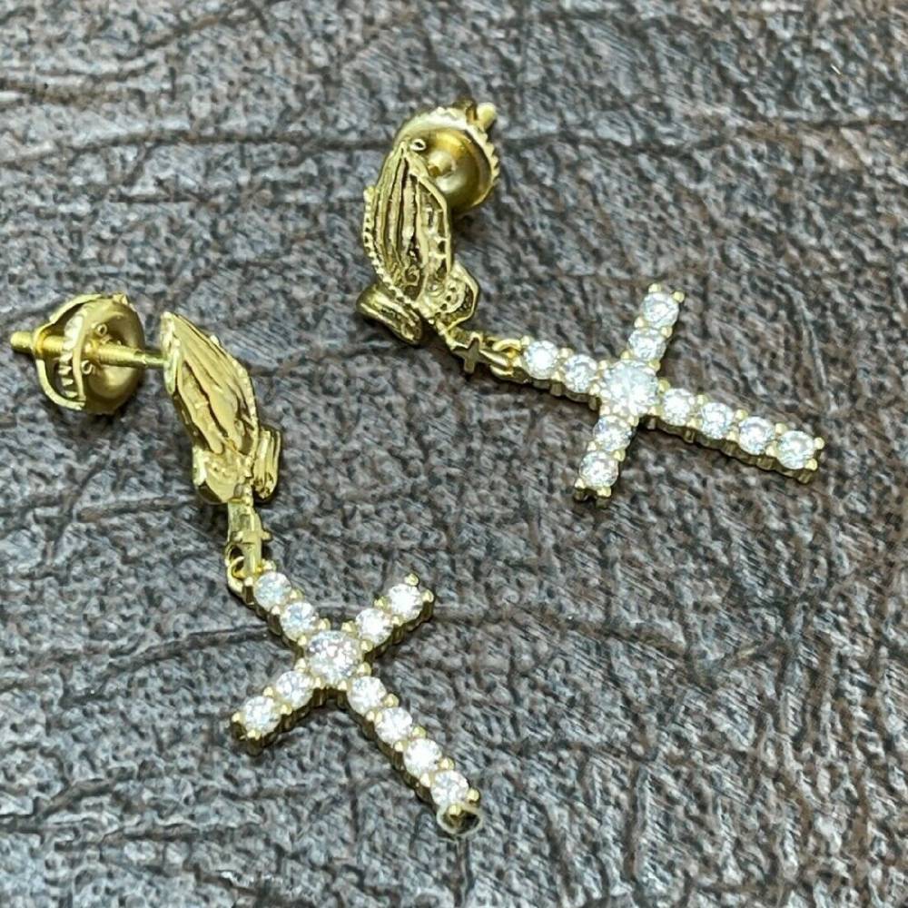 Praying Hand With Diamond Cross Drop Earrings With Iced Out Shine - Image 6