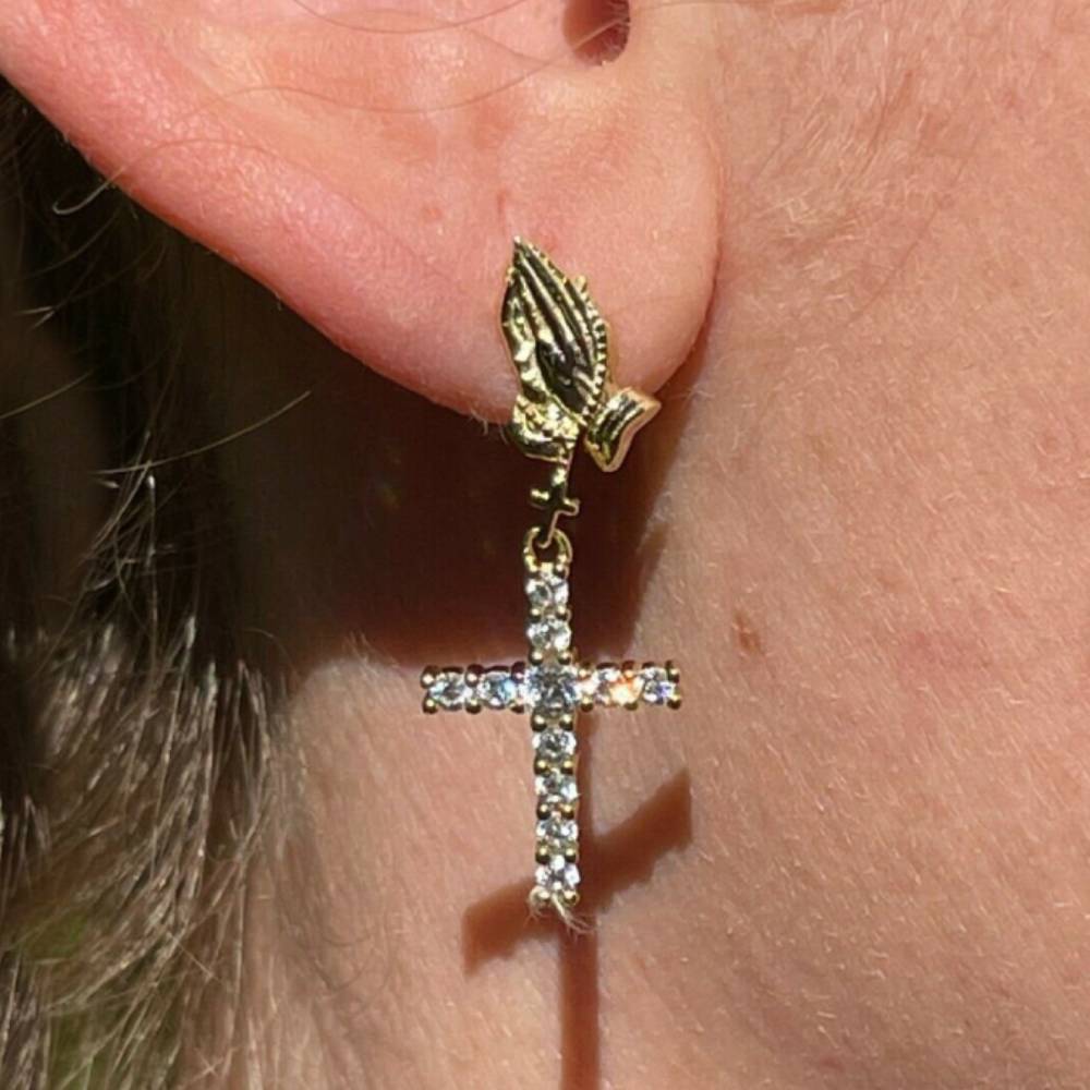 Praying Hand With Diamond Cross Drop Earrings With Iced Out Shine
