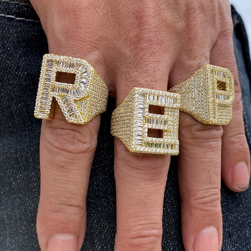 Baguette Cut Alphabet Letters Ring In Gold With Street Luxury Shine