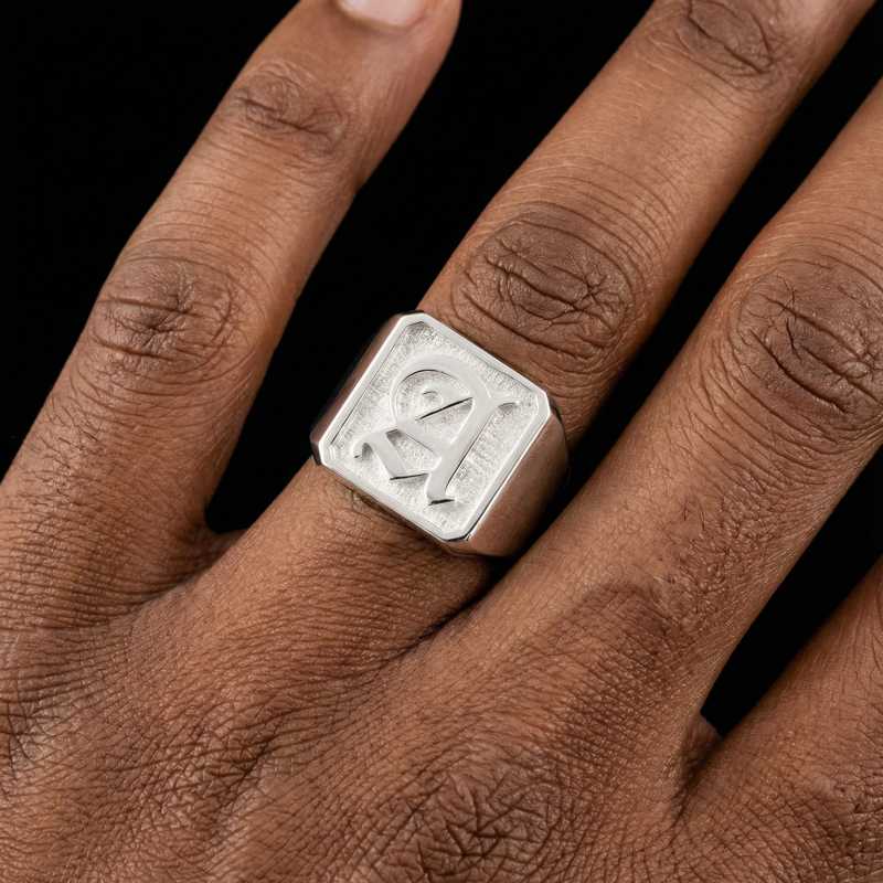 Old English Font 26 Initial Letters Rectangle Signet Ring Gold - Image 4