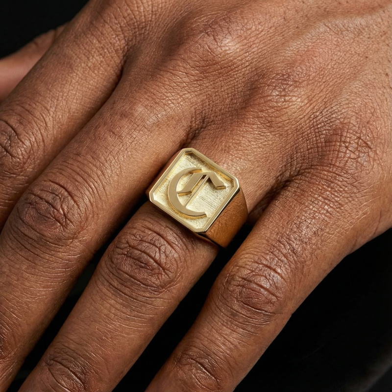 Old English Font 26 Initial Letters Rectangle Signet Ring Gold - Image 5