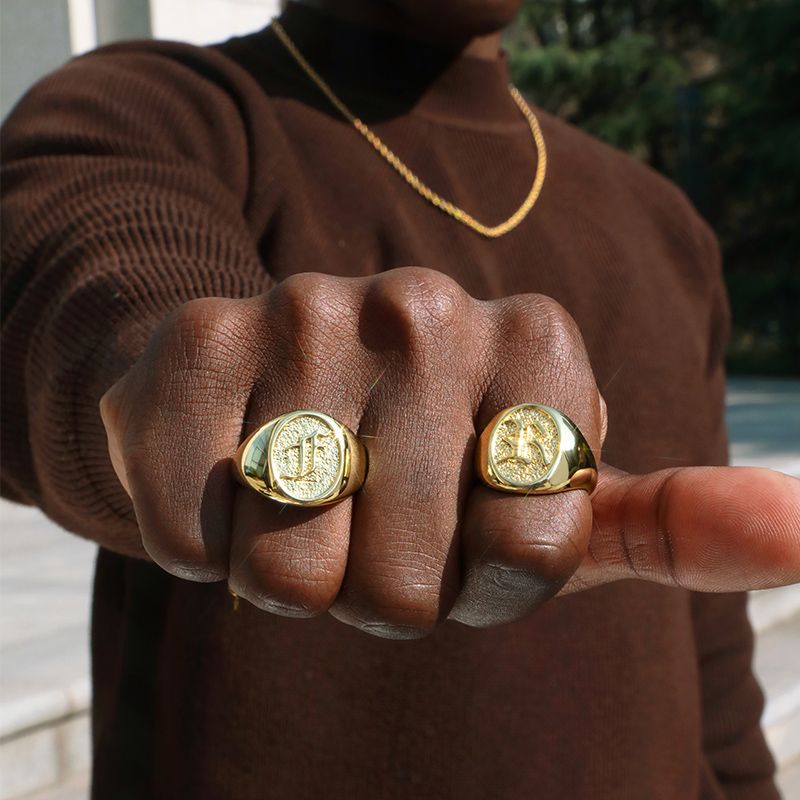 Old English Letters Oval Signet Ring Gold With Street Luxury Shine - Image 4