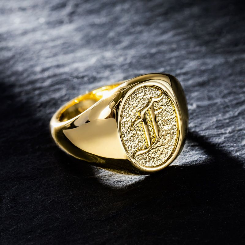 Old English Letters Oval Signet Ring Gold With Street Luxury Shine - Image 7