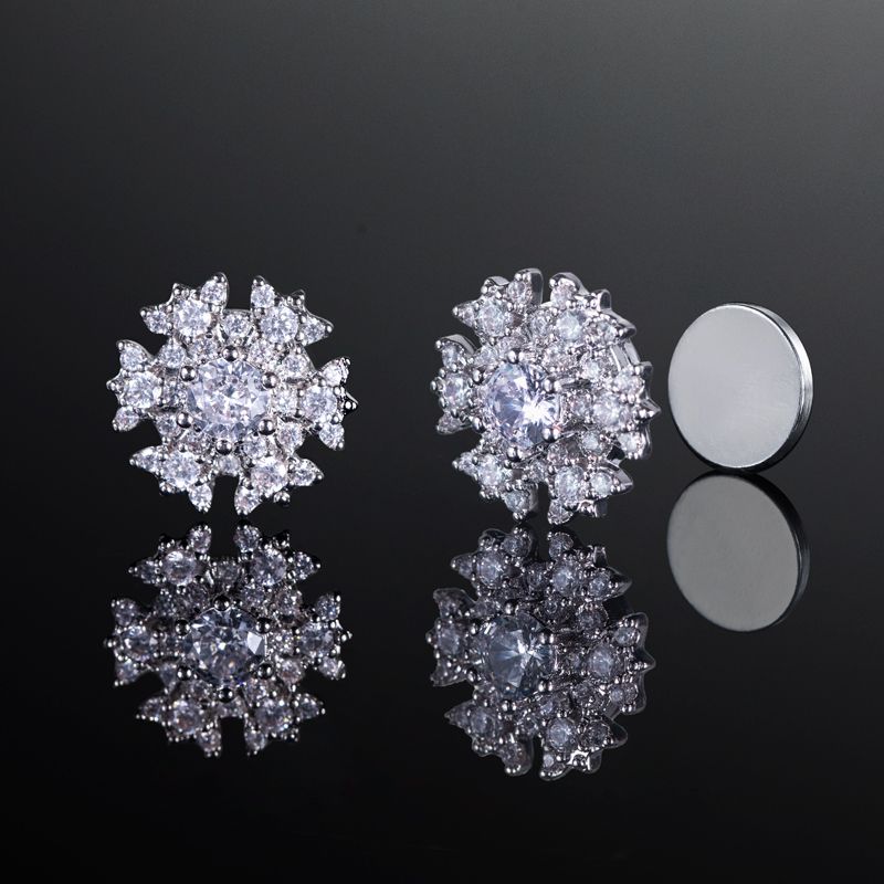 Iced Out Snowflake Magnetic Stud Earring Silver With Street Luxury Shine
