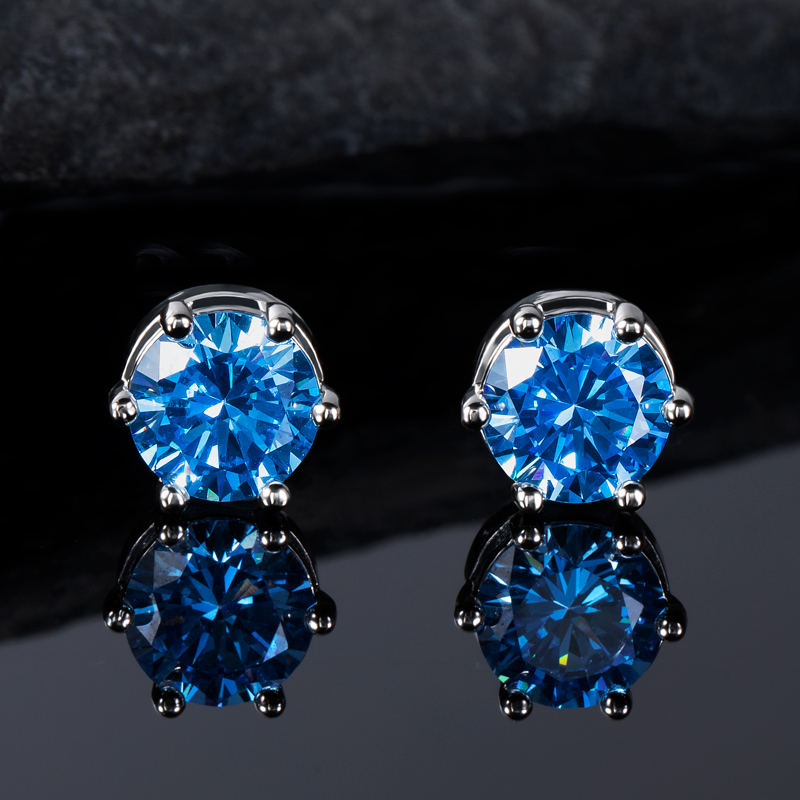 Ocean Blue Round Cut Magnetic Stud Earring Gold With Street Luxury Shine