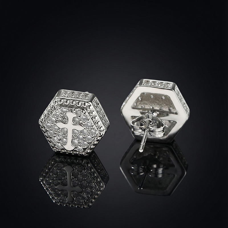 Iced Out Hexagon Cross Stud Earring Gold With Street Luxury Shine - Image 3