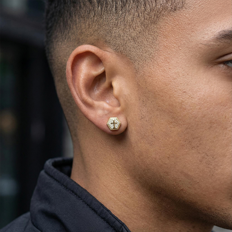 Iced Out Hexagon Cross Stud Earring Gold With Street Luxury Shine - Image 4