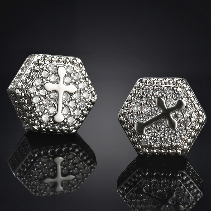 Iced Out Hexagon Cross Stud Earring Gold With Street Luxury Shine - Image 5