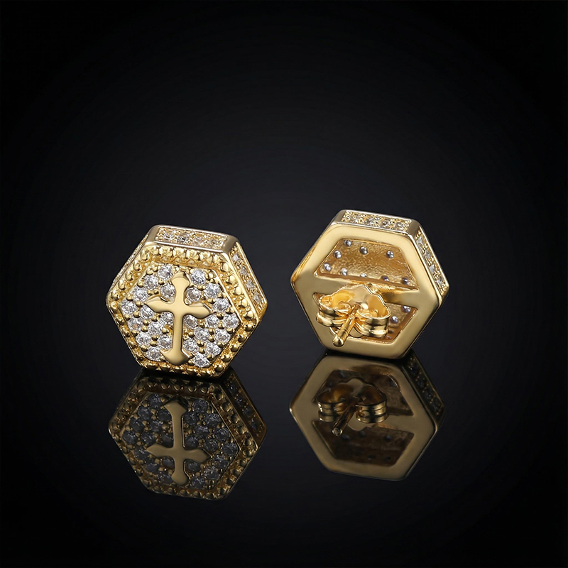 Iced Out Hexagon Cross Stud Earring Gold With Street Luxury Shine - Image 6