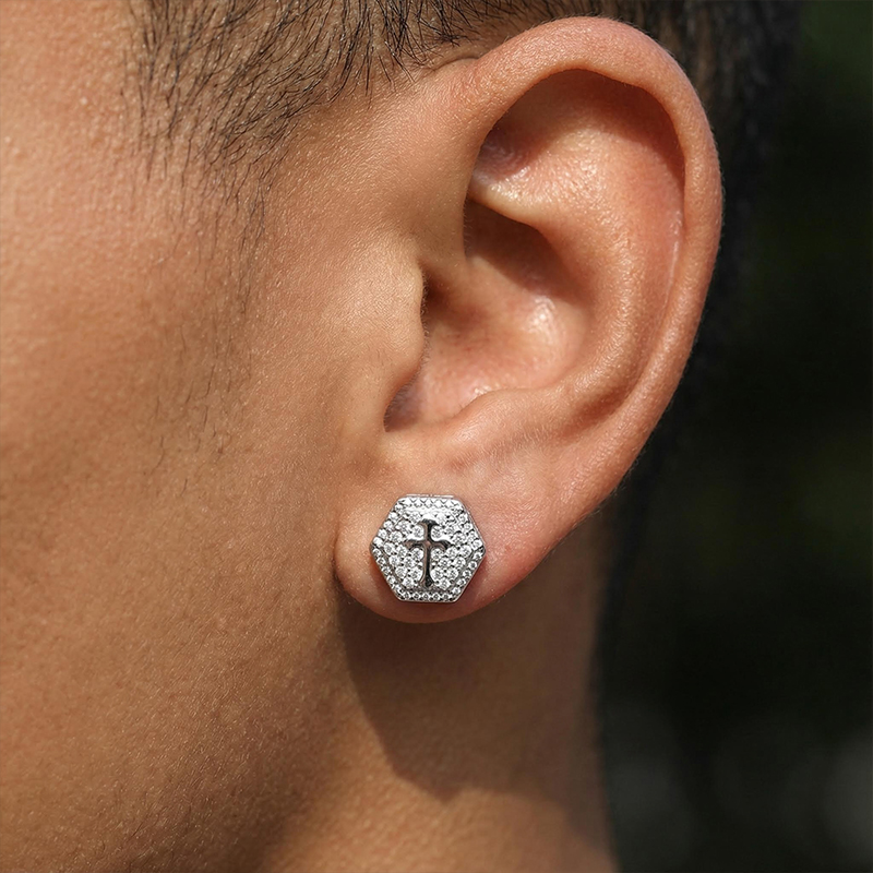 Iced Out Hexagon Cross Stud Earring Gold With Street Luxury Shine - Image 7