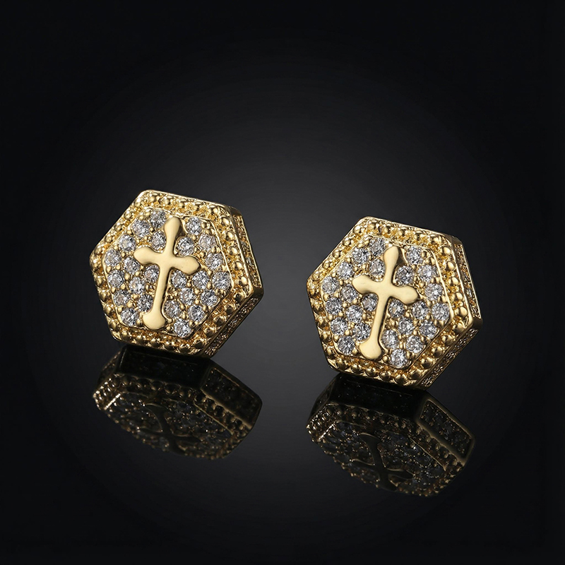 Iced Out Hexagon Cross Stud Earring Gold With Street Luxury Shine