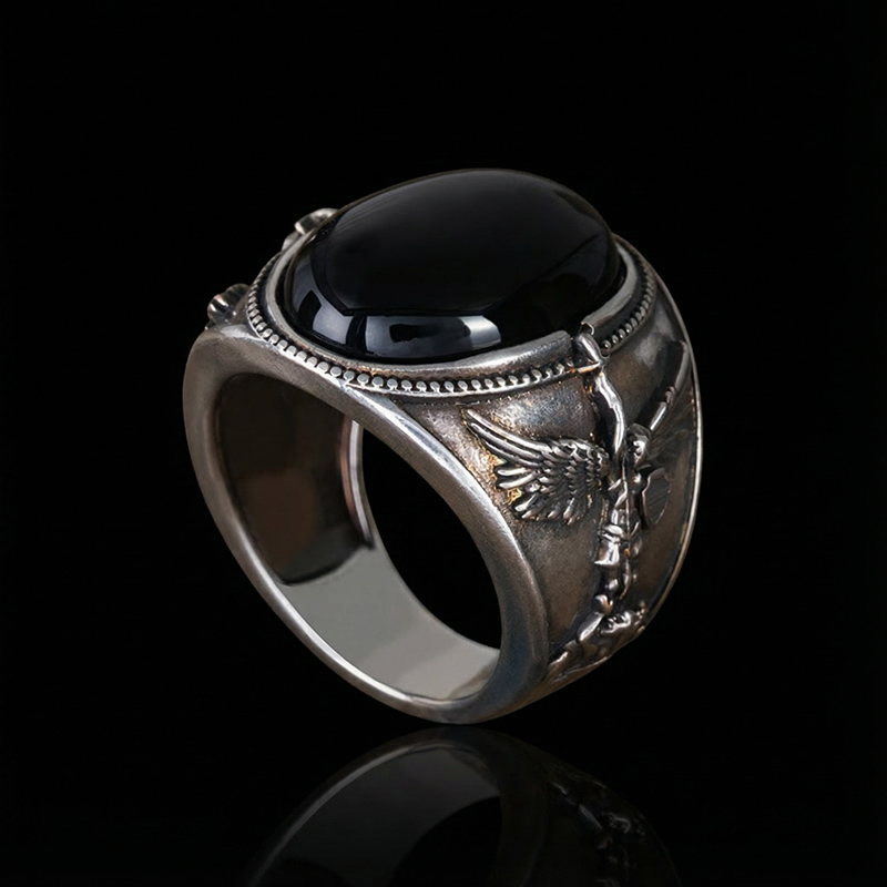 Archangel Saint Michael Men's Oval Natural Stones Signet Ring Gold - Image 4